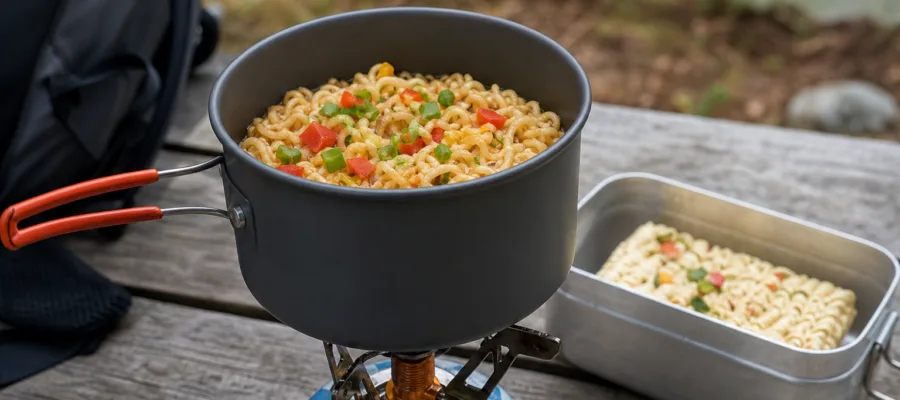 Campingkocher Instant-Nudeln aufgepeppt